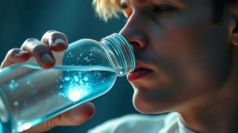 Photorealistic image of a person drinking water with electrolytes, cinematic lighting highlighting the water bottle and the person's face, sharp focus on the water bottle, depth of field blurring the background, 8K hyper-detailed.