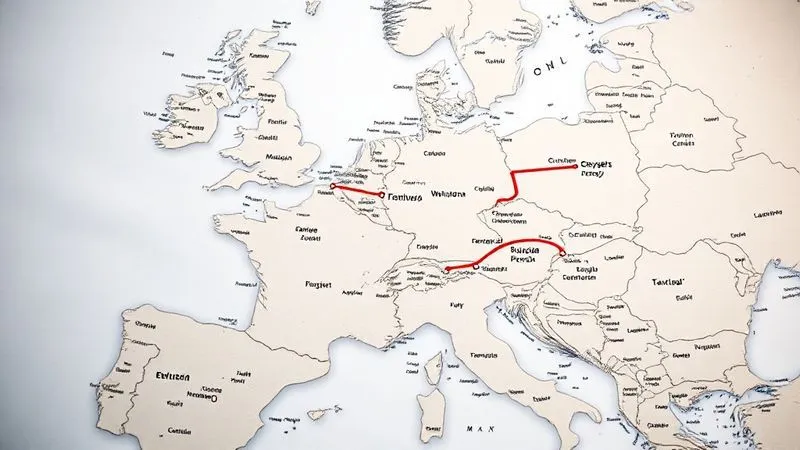 A professional photorealistic overhead view of a detailed European railway map, with a highlighted red line representing an overnight train route connecting two major cities, emphasizing the journey's length and potential cost implications. Cinematic lighting, sharp focus, depth of field, 8K hyper-detailed, shot on a high-end DSLR.