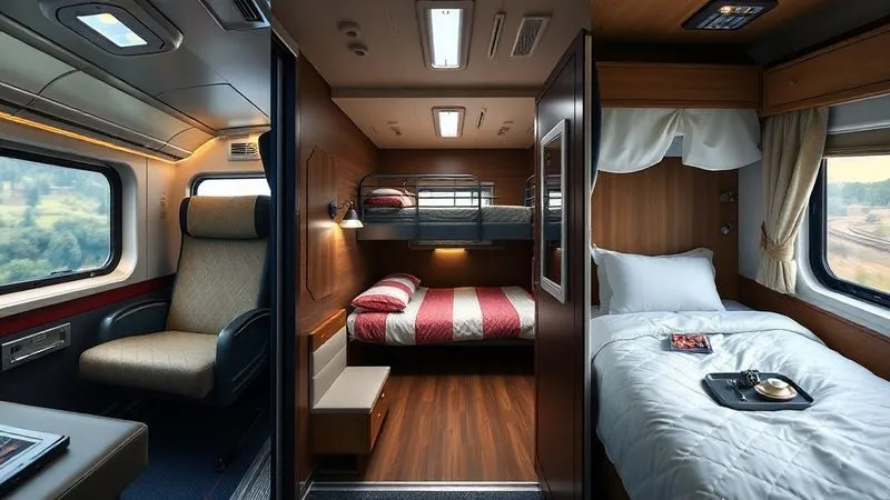 A professional photorealistic comparison image showing three different train accommodations side-by-side: a comfortable reclining seat in an overnight carriage, a cozy couchette with bunk beds in a shared compartment, and a private sleeper cabin with a made-up bed and small amenities. Cinematic lighting, sharp focus on each compartment, depth of field, 8K hyper-detailed, shot on a high-end DSLR.