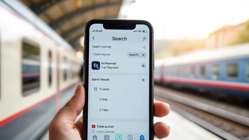 A professional photorealistic image of a smartphone screen displaying the Eurail Rail Planner app, with a search result showing a train journey clearly marked 'No Reservation Required' and a filter option highlighted. A blurred European train station or countryside is visible in the background. Cinematic lighting, sharp focus on the phone screen, depth of field, 8K hyper-detailed, shot on a high-end DSLR.