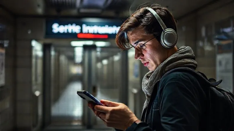 photorealistic, professional photography, 8K, cinematic lighting, sharp focus, depth of field, shot on a high-end DSLR. A traveler looking distressed and checking their phone frantically at a closed metro station entrance, with a 'Service Interruption' sign in the background. The scene conveys a sense of unexpected travel challenge and the need for quick problem-solving.