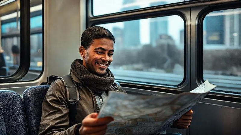 photorealistic, professional photography, 8K, cinematic lighting, sharp focus, depth of field, shot on a high-end DSLR. A serene traveler, smiling gently, calmly checking a map while sitting on a public transport train with large windows showing a blurred city passing by. The traveler exudes a sense of peace and preparedness, embodying a stress-free travel mindset despite potential urban complexities.