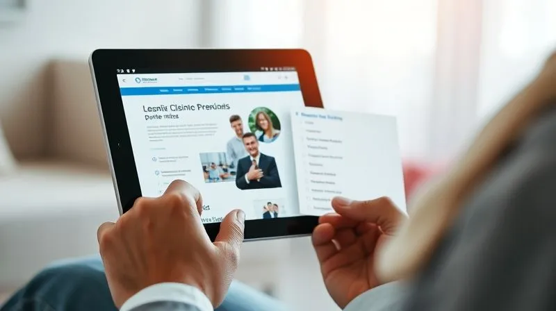 A photorealistic image of a person meticulously comparing two clinic websites on a tablet, one looking professional and detailed, the other vague and flashy, with a checklist on the side. Cinematic lighting, sharp focus on the tablet screen, depth of field, 8K hyper-detailed, professional photography, shot on a high-end DSLR.
