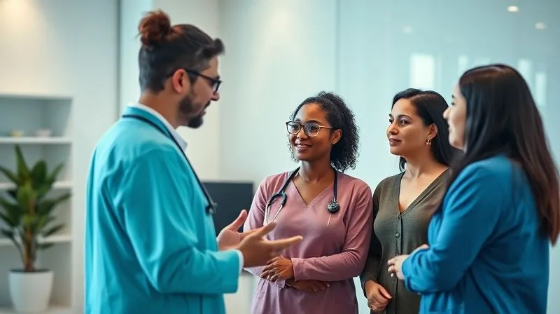 A photorealistic image of a diverse group of people (patient, practitioner, and a neutral interpreter) engaged in a respectful conversation in a calm, modern wellness clinic. Focus on clear communication and understanding. Cinematic lighting, sharp focus on their expressions, depth of field, 8K hyper-detailed, professional photography, shot on a high-end DSLR.