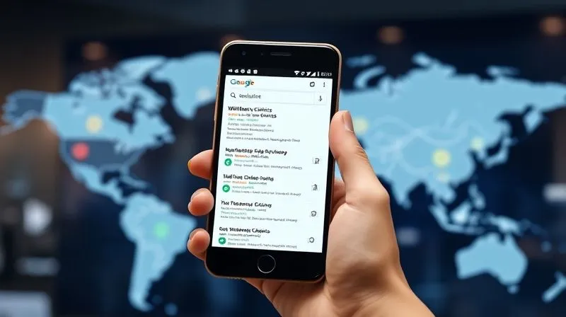 A photorealistic image of a hand holding a smartphone displaying a search engine results page for wellness clinics, with a blurred map of the world and subtle currency symbols in the background. The phone screen is sharp and clear, showing reputable search results. Cinematic lighting, depth of field, 8K hyper-detailed, professional photography, shot on a high-end DSLR.
