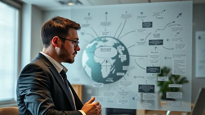 A professional looking intently at a complex, overlapping flowchart with arrows pointing in confusing directions, symbolizing the complexities and potential pitfalls of international aid projects. The person is in a well-lit office, with a globe subtly in the background. Photorealistic, professional photography, 8K, cinematic lighting, sharp focus on the flowchart, depth of field, shot on a high-end DSLR.