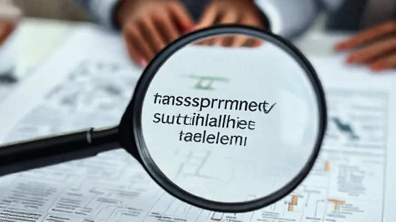 A magnifying glass hovering over a complex legal document or detailed organizational chart, highlighting words like 'transparency', 'sustainability', and 'local leadership'. The background is slightly blurred with images of diverse hands collaborating. Photorealistic, professional photography, 8K, cinematic lighting, sharp focus on the magnifying glass and document, depth of field, shot on a high-end DSLR.