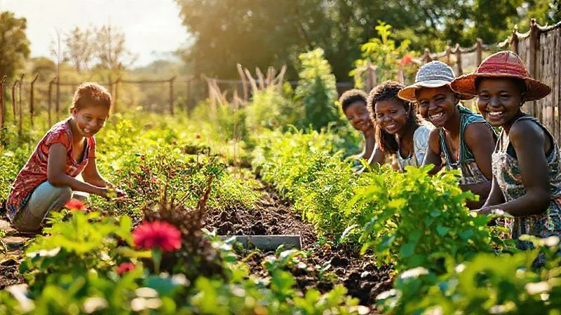 A vibrant, thriving community garden project in a sunny, developing country, with local people of all ages working together, smiling. The garden is lush and well-maintained, symbolizing sustainable growth and community self-sufficiency. Photorealistic, professional photography, 8K, cinematic lighting, sharp focus on the garden and people, depth of field, shot on a high-end DSLR.