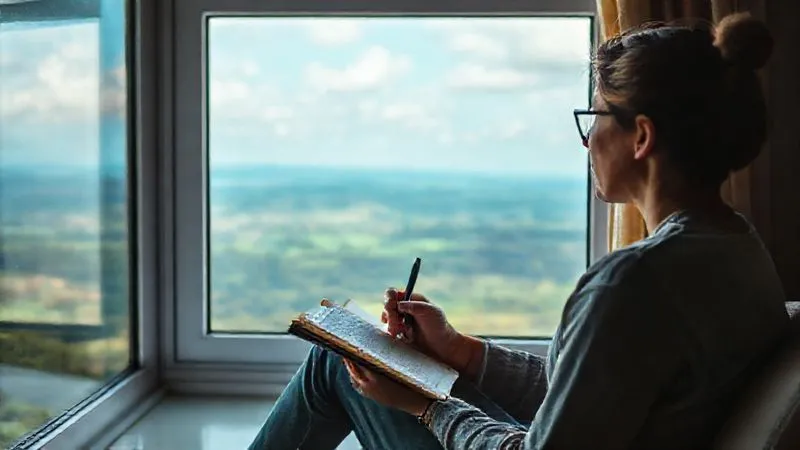 A person sitting thoughtfully by a window, looking out at a distant, vibrant landscape, with a journal and pen in hand, reflecting on their experiences. The setting is serene and contemplative, suggesting deep personal growth and learning. Photorealistic, professional photography, 8K, cinematic lighting, sharp focus on the person and journal, depth of field, shot on a high-end DSLR.