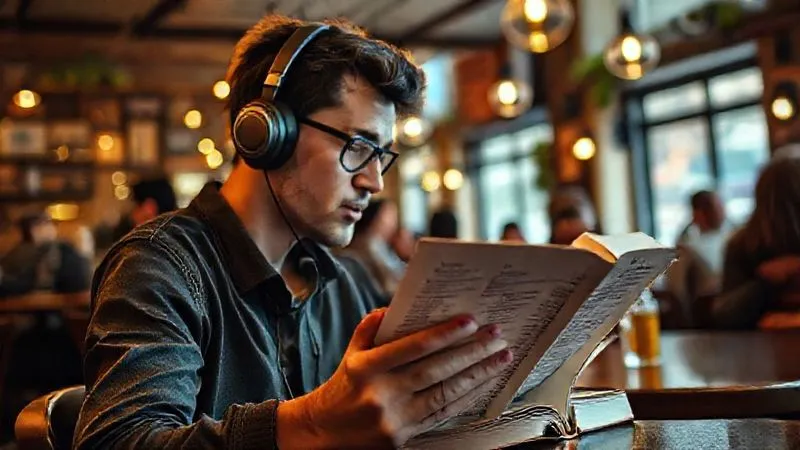 A photorealistic image of a person intensely focused on a foreign language textbook and headphones in a vibrant cafe abroad, surrounded by local chatter, 8K, cinematic lighting, sharp focus.