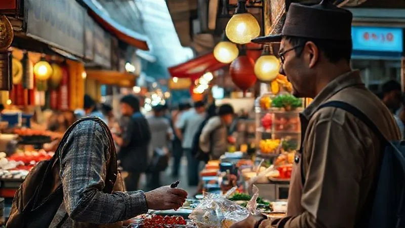 A photorealistic shot of a person confidently ordering street food in a bustling foreign market, engaging in natural conversation with the vendor, demonstrating authentic cultural and linguistic immersion, 8K, cinematic lighting, sharp focus.