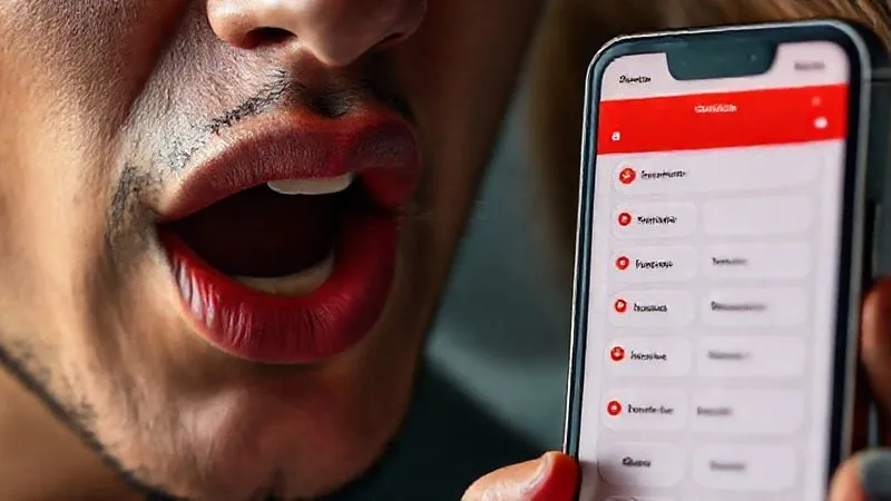 A photorealistic close-up of a person's mouth speaking, with subtle sound waves emanating, alongside a smartphone displaying a language learning app, symbolizing advanced speech practice and technological aid, 8K, cinematic lighting, sharp focus.