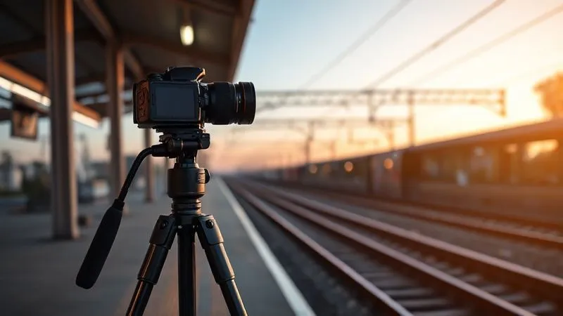 Photorealistic, professional photography, 8K, cinematic lighting, sharp focus on a sturdy carbon fiber tripod with a high-end DSLR mounted, positioned on a railway platform at dusk, a fast prime lens clearly visible, depth of field blurring a train track in the background, shot on a high-end DSLR.