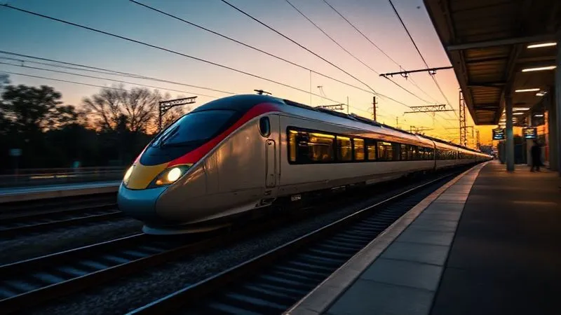 Photorealistic, professional photography, 8K, cinematic lighting, sharp focus on a high-speed train, its body perfectly sharp, while the background (tracks, trees, station platform) is beautifully blurred horizontally due to panning, shot at dusk with dramatic light trails from the train's windows, depth of field highlighting the train, shot on a high-end DSLR.