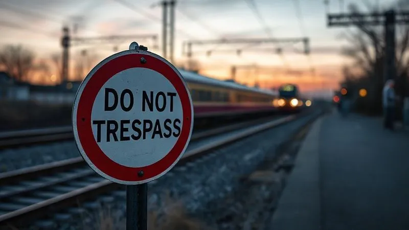 Photorealistic, professional photography, 8K, cinematic lighting, sharp focus on a 'Do Not Trespass' sign prominently displayed near railway tracks at dusk, with a blurred train passing in the background, emphasizing safety and caution, depth of field on the sign, shot on a high-end DSLR.
