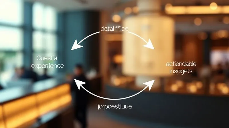 photorealistic, professional photography, 8K, cinematic lighting, sharp focus, depth of field, shot on a high-end DSLR. A stylized, elegant infographic representing a continuous feedback loop. Arrows flow from 'Guest Experience' to 'Data Collection' to 'Analysis' to 'Actionable Insights' and back to 'Guest Experience'. The overall aesthetic is clean, professional, and sophisticated, suggesting a seamless process.