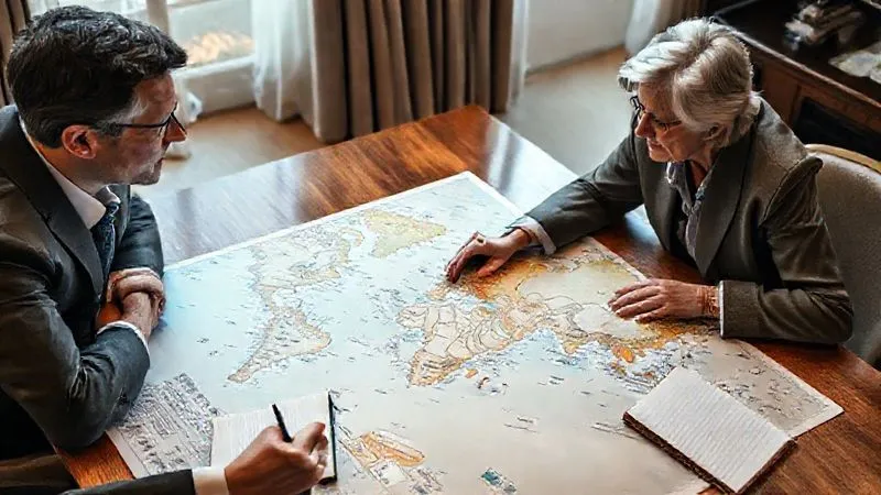photorealistic, professional photography, 8K, cinematic lighting, sharp focus, depth of field, shot on a high-end DSLR, a luxury travel designer, mid-40s, elegantly dressed, deeply engaged in an empathetic conversation with a sophisticated client, late 50s, over a beautifully detailed world map spread on a polished wooden table, both reflecting thoughtful expressions, a notepad with handwritten notes visible, warm, inviting atmosphere.