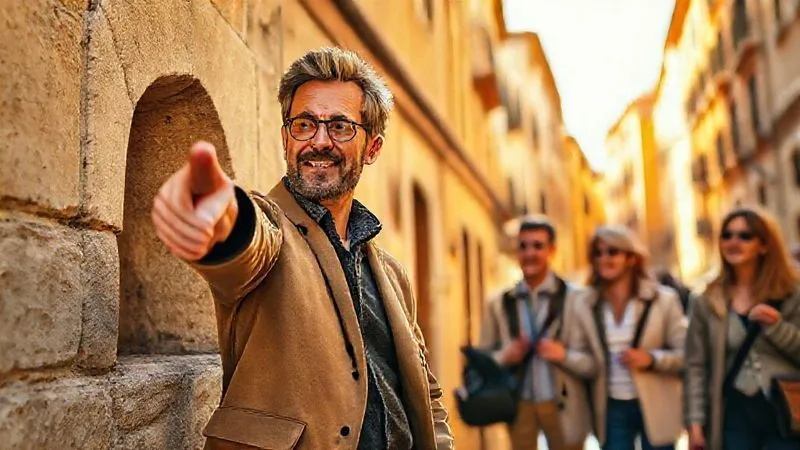 photorealistic, professional photography, 8K, cinematic lighting, sharp focus, depth of field, shot on a high-end DSLR, a charismatic local guide, mid-40s, dressed in stylish yet practical attire, enthusiastically pointing towards a hidden architectural detail on an ancient building in a vibrant, sun-drenched European city, engaging a small group of discerning luxury travelers who are captivated, warm natural light.