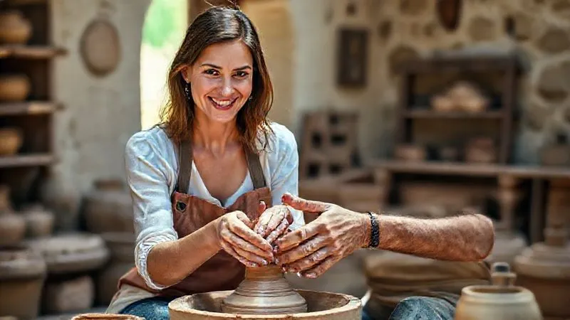 photorealistic, professional photography, 8K, cinematic lighting, sharp focus, depth of field, shot on a high-end DSLR, a sophisticated female luxury traveler, mid-30s, with a genuine smile, actively participating in a traditional artisan workshop in a sun-drenched Italian village, hands gently shaping pottery alongside a wise local craftsman, vibrant colors, rich textures, authentic cultural immersion.