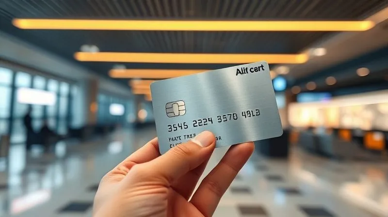 A close-up, photorealistic shot of a hand holding a sleek, metallic elite airline loyalty card, with a blurred background of a modern airport lounge. Professional photography, 8K, cinematic lighting, sharp focus on the card, depth of field blurring the lounge, shot on a high-end DSLR.