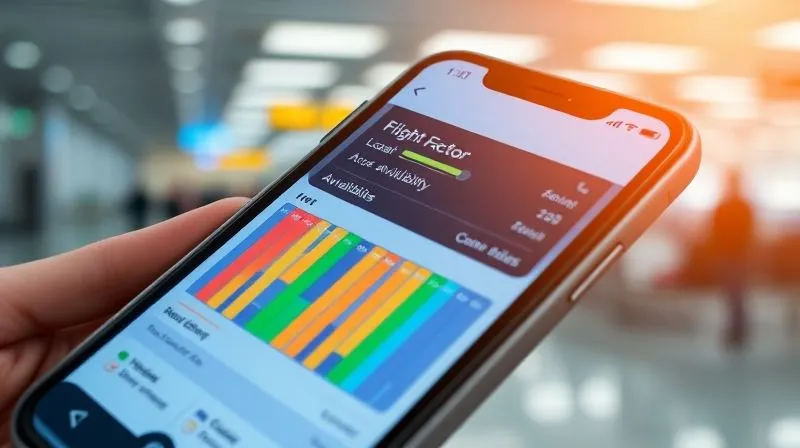 A photorealistic close-up of a smartphone screen displaying a flight load factor application with various colored bars indicating seat availability across different cabin classes. The background is a blurred airport terminal. Professional photography, 8K, cinematic lighting, sharp focus on the phone screen, depth of field blurring the background, shot on a high-end DSLR.