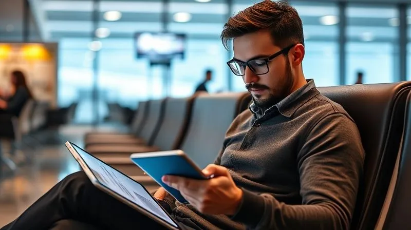A photorealistic image of a person sitting in a modern airport lounge, intently reading an airline's digital policy document on a tablet, with a focused expression. Professional photography, 8K, cinematic lighting, sharp focus on the tablet and face, depth of field blurring the lounge background, shot on a high-end DSLR.