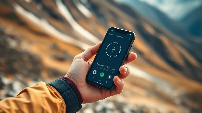 A photorealistic close-up of a trekker's hand holding a satellite phone, with a rugged mountain landscape in the blurred background. The screen shows a signal strength indicator, cinematic lighting, sharp focus on the phone, depth of field, 8K hyper-detailed, professional photography, shot on a high-end DSLR.