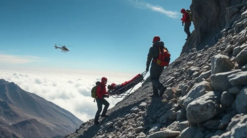 A photorealistic long shot of a rescue team on a steep, rocky high-altitude trail, carefully moving a stretcher with a patient. A helicopter is visible in the distant sky. The scene is dramatic with cinematic lighting, sharp focus on the rescue team, depth of field blurring the background, 8K hyper-detailed, professional photography, shot on a high-end DSLR.