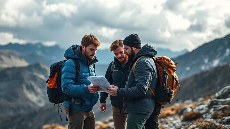 A photorealistic image of a small group of trekkers huddled together on a mountain trail, looking serious and focused, discussing a map or communication device. The background shows rugged, high-altitude terrain under a dramatic sky. Cinematic lighting, sharp focus on the group, depth of field, 8K hyper-detailed, professional photography, shot on a high-end DSLR.