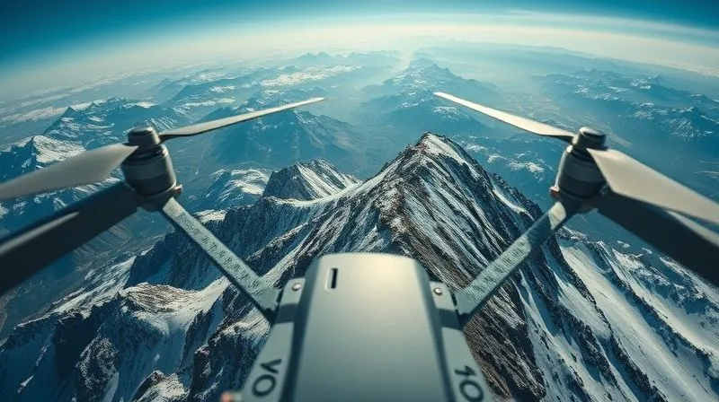 A photorealistic shot from a drone's perspective, looking down on a small team of trekkers on a remote high-altitude ridge. The drone's rotors are slightly blurred, and the image includes a subtle HUD overlay with GPS coordinates. The scene is stark and majestic, cinematic lighting, sharp focus on the trekkers and terrain, depth of field, 8K hyper-detailed, professional photography, shot on a high-end DSLR.