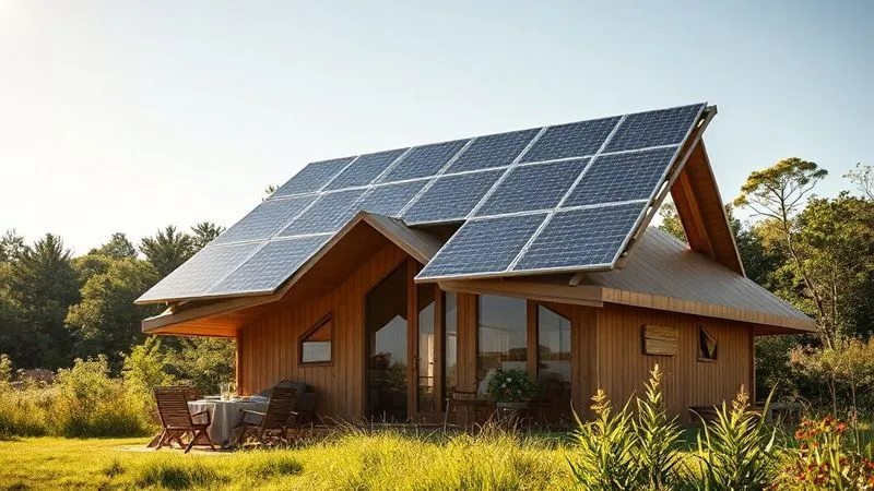 A photorealistic, professional photography shot of a glamping eco pod with optimally angled solar panels on its roof, perfectly oriented towards the sun. The scene is bathed in bright daylight, with no shadows obscuring the panels. Sharp focus on the solar array, depth of field blurring the lush natural background. 8K hyper-detailed, shot on a high-end DSLR.