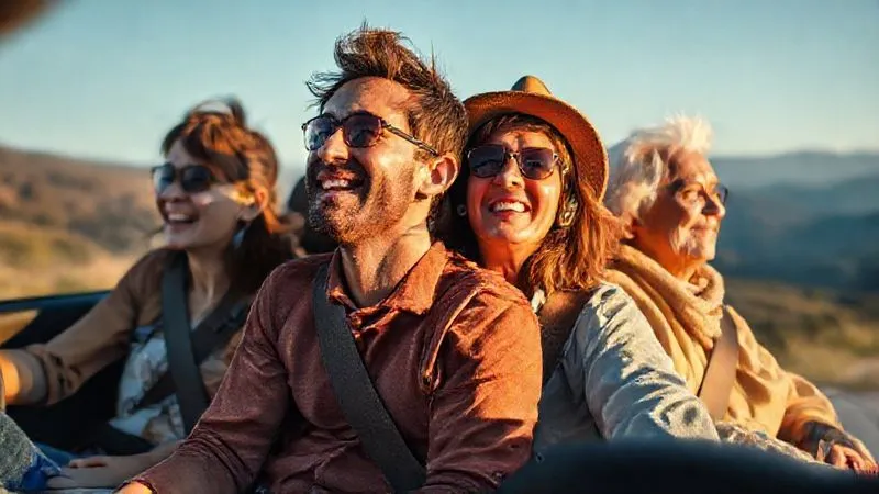 photorealistic, professional photography, 8K, cinematic lighting, sharp focus, depth of field, shot on a high-end DSLR. A diverse group of travelers, including a multi-generational family, young adventurers, and a senior couple, are seen in separate vignettes within a single composite image. Each group is enjoying their specific music genre (indicated by subtle visual cues like a child singing along, a young person head-bopping, an older person relaxing) while on scenic road trips, emphasizing happiness and engagement. The lighting is warm and inviting.