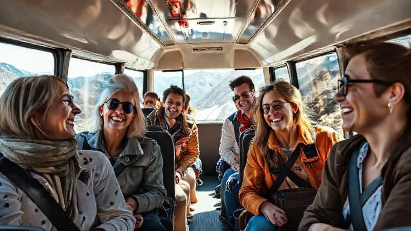 photorealistic, professional photography, 8K, cinematic lighting, sharp focus, depth of field, shot on a high-end DSLR. Happy, diverse travelers of various ages are seen inside a luxurious, clean tour bus, smiling and conversing, with some subtly nodding their heads to music. Outside the large windows, a breathtaking, sun-drenched mountain road unfolds. The interior is well-lit and comfortable, suggesting a high-quality travel experience, with the music subtly contributing to the positive atmosphere.