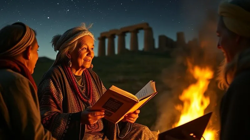 Photorealistic, professional photography, 8K, cinematic lighting, sharp focus, depth of field, shot on a high-end DSLR. An elderly indigenous woman, with a wise, kind face and traditional attire, sharing stories with a small, captivated group of visitors around a campfire at a historical site. The firelight illuminates their faces, creating an intimate, respectful atmosphere. Ancient ruins are subtly visible in the background under a starlit sky. Photorealistic, professional photography, 8K, cinematic lighting, sharp focus, depth of field, shot on a high-end DSLR. An elderly indigenous woman, with a wise, kind face and traditional attire, sharing stories with a small, captivated group of visitors around a campfire at a historical site. The firelight illuminates their faces, creating an intimate, respectful atmosphere. Ancient ruins are subtly visible in the background under a starlit sky.