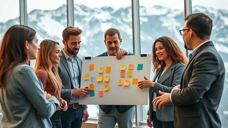 A diverse group of professionals collaborating in a stylish, modern alpine setting, brainstorming on a whiteboard with sticky notes, showcasing teamwork and creative problem-solving. Photorealistic, professional photography, 8K, cinematic lighting, sharp focus, depth of field, shot on a high-end DSLR.