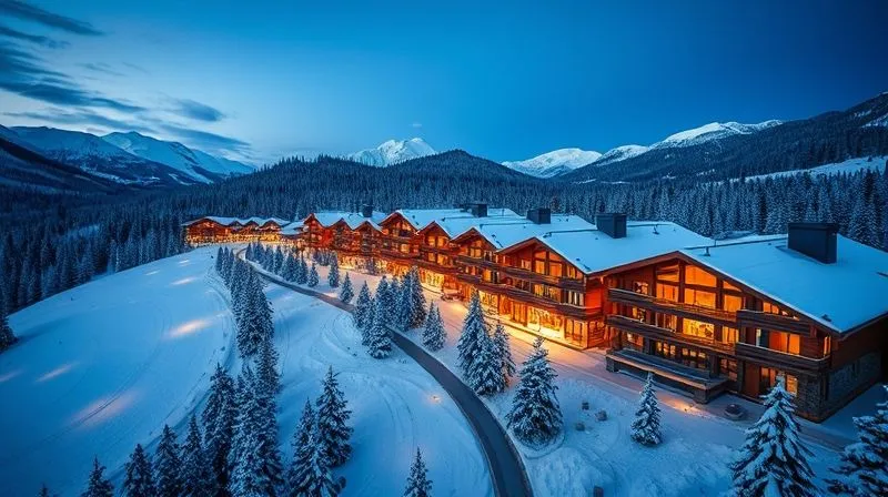 An aerial view of a luxurious, snow-covered mountain resort at dusk, with elegant chalets, pristine ski slopes illuminated, and warm lights emanating from windows, creating an inviting atmosphere. Photorealistic, professional photography, 8K, cinematic lighting, sharp focus, depth of field, shot on a high-end DSLR.