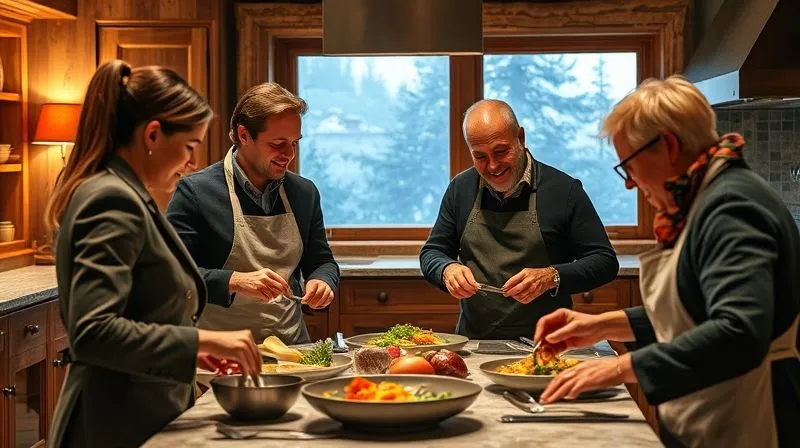 A group of executives participating in a unique, non-ski après ski activity: a gourmet cooking class in an elegant alpine lodge kitchen, laughing and collaborating as they prepare a dish. Photorealistic, professional photography, 8K, cinematic lighting, sharp focus, depth of field, shot on a high-end DSLR.