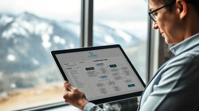 A professional event planner calmly reviewing a detailed contingency plan flowchart on a tablet, with a stormy mountain landscape visible through a window in the background, symbolizing preparation for unexpected weather. Photorealistic, professional photography, 8K, cinematic lighting, sharp focus, depth of field, shot on a high-end DSLR.