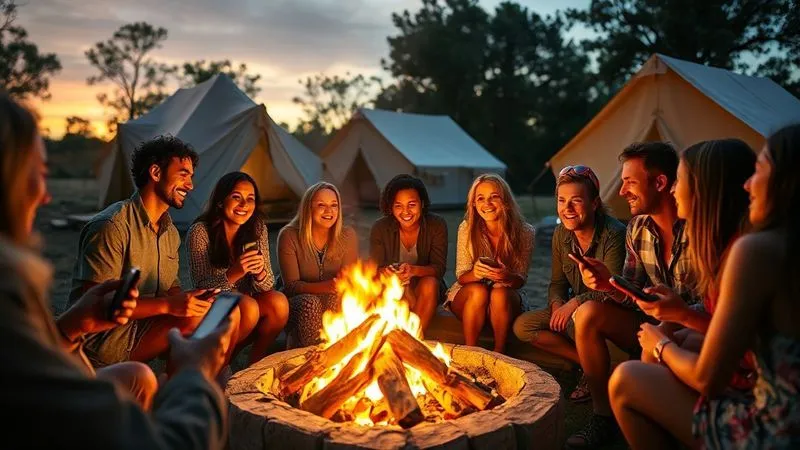 A photorealistic, professional photography, 8K, cinematic lighting, sharp focus, depth of field, shot on a high-end DSLR, showing a diverse group of happy glamping guests interacting around a campfire at sunset, sharing stories and laughter, with luxurious tents in the background. The scene evokes community and authentic connection, with smartphones subtly visible capturing moments, symbolizing social media engagement.