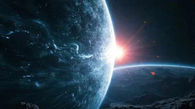 A photorealistic, professional photography, 8K image depicting two distinct types of energy waves flowing through space: one diffuse and constant (GCRs) and another more intense, localized burst (SPEs), with a stylized space habitat in the background, cinematic lighting.