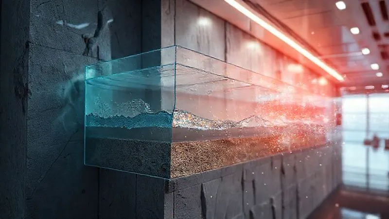 A photorealistic, professional photography, 8K image showing a cross-section of a futuristic space hotel wall, revealing transparent layers of advanced, multi-material shielding (e.g., water, polyethylene, smart composites), with faint energy particles being deflected, cinematic lighting, sharp focus.