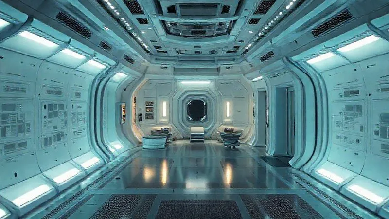 A photorealistic, professional photography, 8K image of a detailed architectural schematic or 3D rendering of a space hotel interior, highlighting designated radiation "safe zones" or storm shelters with thicker walls, and strategic placement of water tanks or waste for shielding, cinematic lighting.