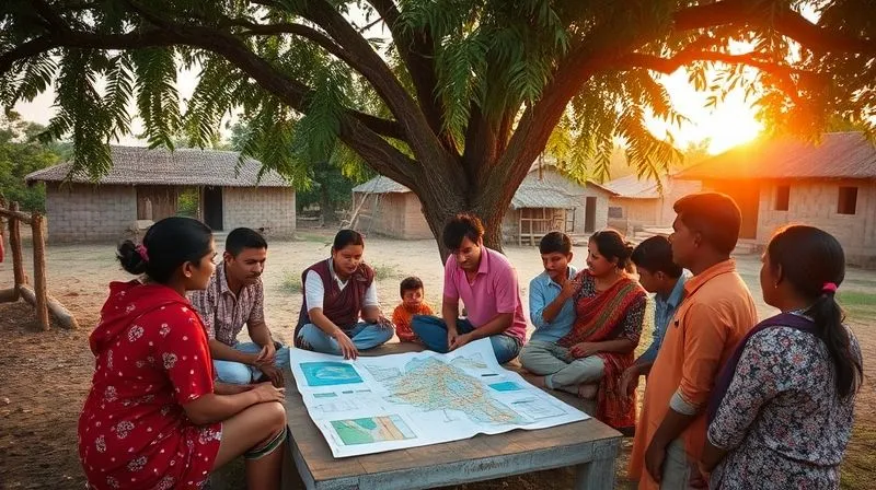 A photorealistic image of a diverse group of people, including local community members and a few volunteers, gathered under a tree in a rural village, actively engaged in a discussion. They are looking at charts and maps laid out on a mat, pointing and gesturing, indicating a participatory planning session. The atmosphere is collaborative and respectful. Professional photography, 8K, cinematic lighting, sharp focus on the group, depth of field blurring the village homes in the background, golden hour light.