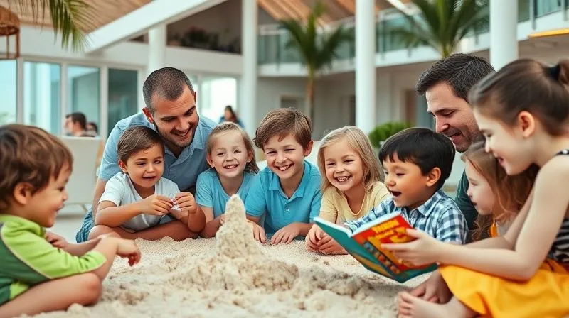 A photorealistic, professional photography, 8K, cinematic lighting, sharp focus, depth of field, shot on a high-end DSLR, showing a diverse group of happy children and their parents interacting joyfully in a bright, modern resort setting, with different age groups engaged in various activities like building sandcastles, playing board games, and listening to a storyteller. The scene should convey a sense of family togetherness, safety, and engagement.