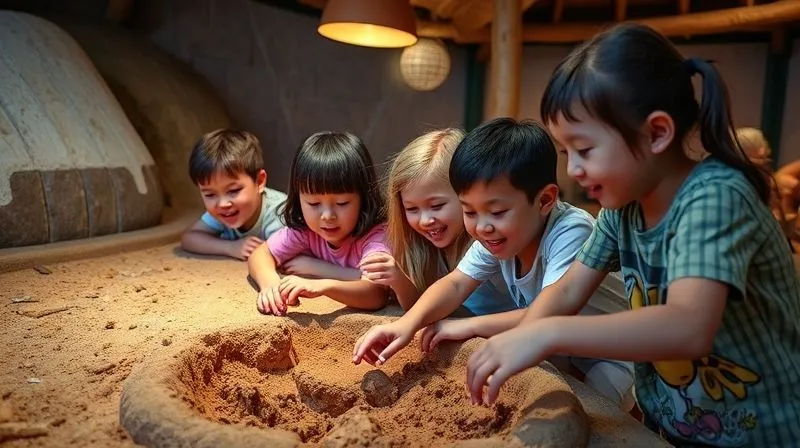 A photorealistic, professional photography, 8K, cinematic lighting, sharp focus, depth of field, shot on a high-end DSLR, capturing children enthusiastically participating in a unique, themed resort activity, such as a 'Junior Archeologist Dig' in a simulated ancient site, or a 'Coastal Ecology Workshop' exploring marine life with a guide. The image should show genuine engagement, learning, and fun in a safe, well-designed environment.