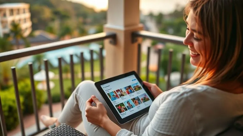A photorealistic, professional photography, 8K, cinematic lighting, sharp focus, depth of field, shot on a high-end DSLR, depicting a smiling parent, possibly a mother, sitting comfortably on a resort balcony overlooking a scenic view, happily browsing a resort's child activity program schedule on a sleek tablet. The screen clearly shows vibrant images of children engaged in various activities and easy booking options, conveying a sense of convenience and anticipation.