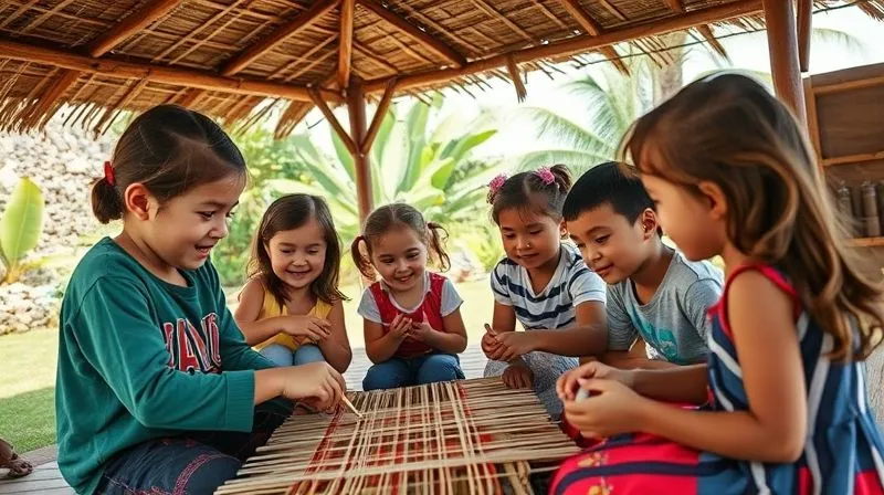 A photorealistic, professional photography, 8K, cinematic lighting, sharp focus, depth of field, shot on a high-end DSLR, showing children enthusiastically participating in an outdoor, local-culture inspired activity at a resort, such as learning traditional weaving with a local artisan under a shaded pergola, or engaged in a guided nature walk discovering local flora and fauna. The image should convey authenticity, cultural immersion, and joyful learning.