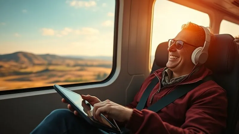 A photorealistic, professional photography, 8K, cinematic lighting, sharp focus, depth of field, shot on a high-end DSLR image of a traveler smiling, looking relaxed while watching a movie on a tablet, with headphones on, as a beautiful, blurred landscape passes outside the train window. The mood is one of contented self-sufficiency and prepared entertainment.