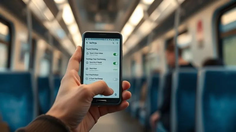 A photorealistic, professional photography, 8K, cinematic lighting, sharp focus, depth of field, shot on a high-end DSLR image of a person's hands gently holding a smartphone, with the screen displaying network settings or Wi-Fi options. The background is a soft blur of a train interior, suggesting focus on optimizing the device for the journey. The lighting is natural and inviting.