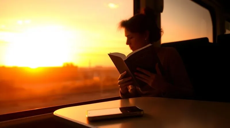 A photorealistic, professional photography, 8K, cinematic lighting, sharp focus, depth of field, shot on a high-end DSLR image of a person silhouetted against a vibrant sunset seen through a train window, holding a physical book, with a sense of peace and contemplation. Their phone is visibly placed face down on the table, indicating a deliberate disconnect. The mood is serene and appreciative of the journey.
